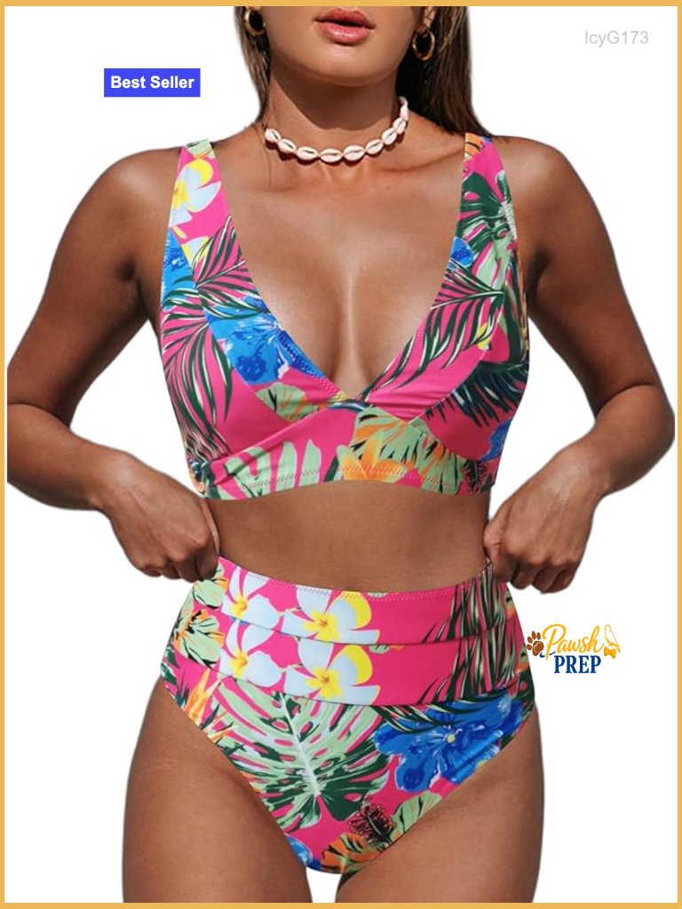 V Neck High Waisted 2 Piece Bikini Set Adjustable Straps Sleeveless M